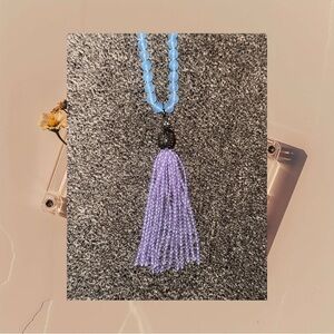 Blue Chalcedony Style Beaded Necklace w/ Lavender Crystal Tassel